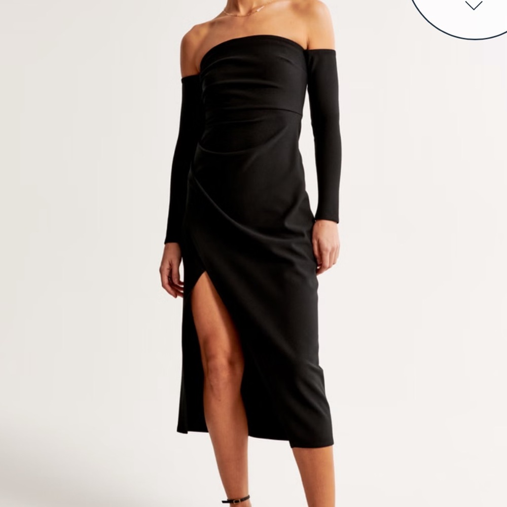 Abercrombie & Fitch Off-Shoulder Black Midi Dress with Thigh Slit